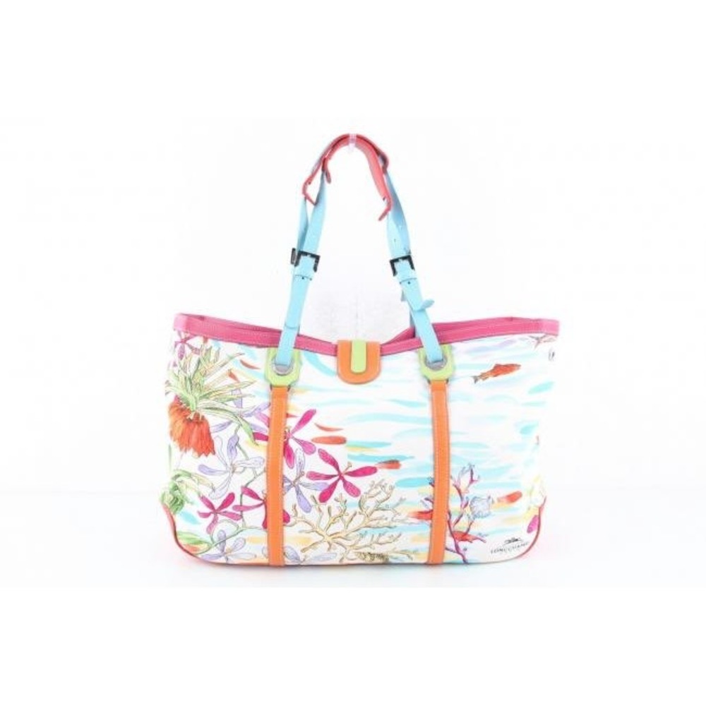 Longchamp Rare Tropical Coral Reef Print Tote Shoulder Bag Colorful Resort Purse